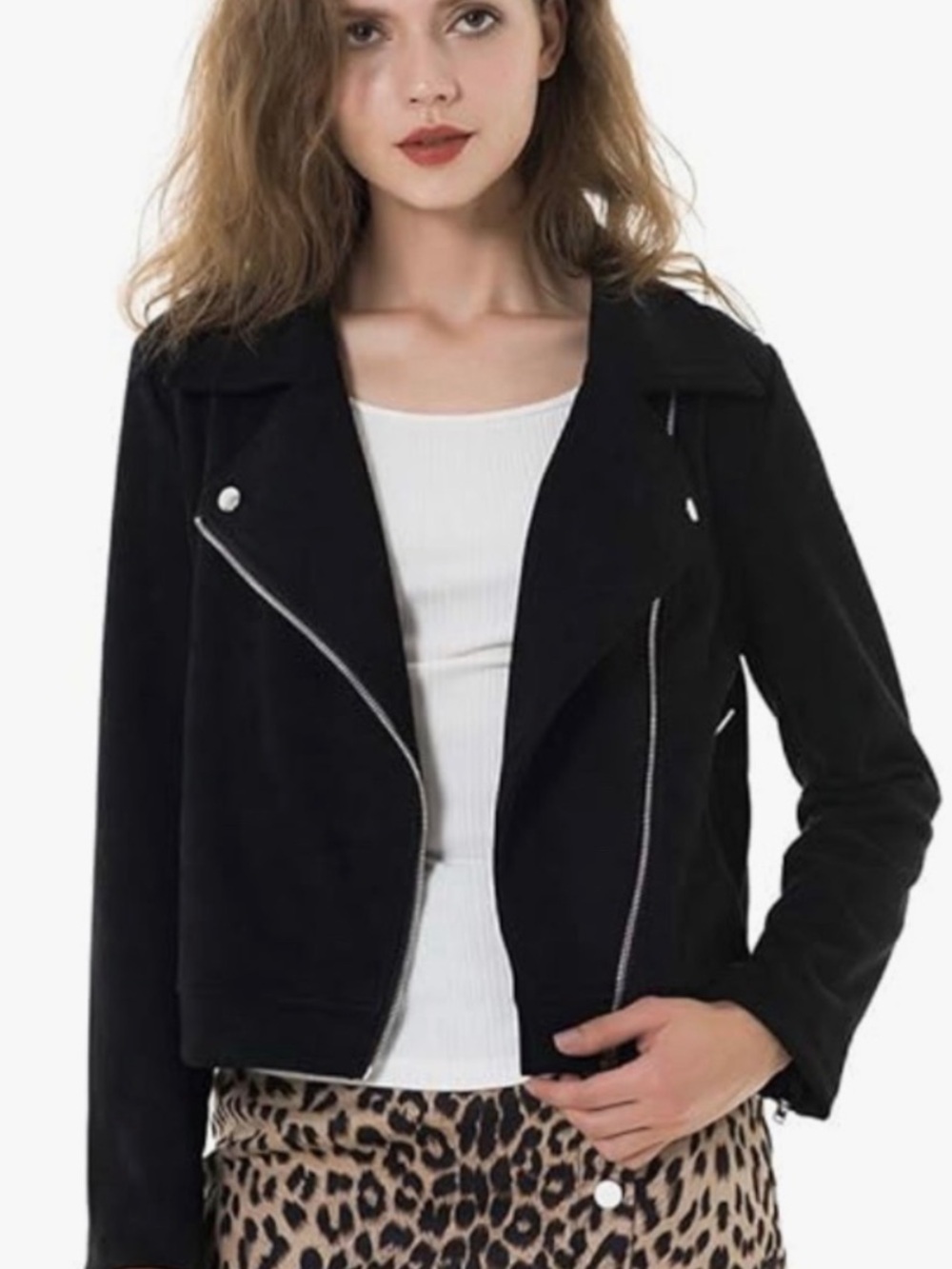 NWT Long Sleeve Faux Suede Motorcycle Jacket Zipper Short Coat Size L